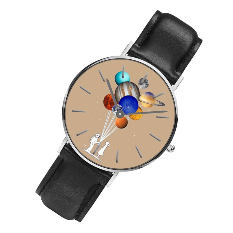 Afslappet Stil Herreur Cartoon Astronaut Farverigt Planet Print Pu Læderrem Ur Quartz Ure