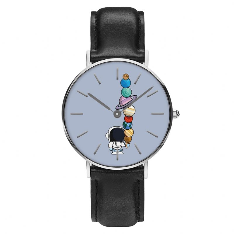 Afslappet Stil Herreur Cartoon Astronaut Star Ice-Cream Print Pu Læderrem Ur Quartz Ure