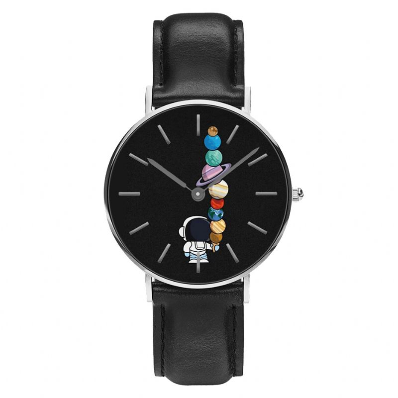 Afslappet Stil Herreur Cartoon Astronaut Star Ice-Cream Print Pu Læderrem Ur Quartz Ure