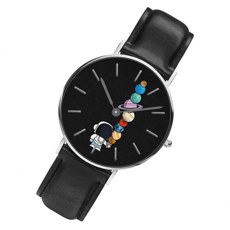 Afslappet Stil Herreur Cartoon Astronaut Star Ice-Cream Print Pu Læderrem Ur Quartz Ure