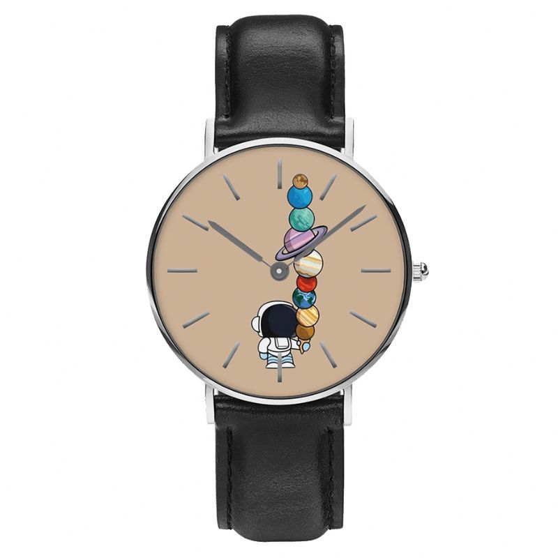 Afslappet Stil Herreur Cartoon Astronaut Star Ice-Cream Print Pu Læderrem Ur Quartz Ure