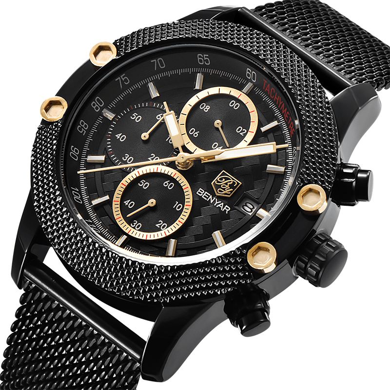 Benyar 5109M Mode Herreur Chronograph 3Atm Vandtæt Rustfrit Stålrem Quartz ur