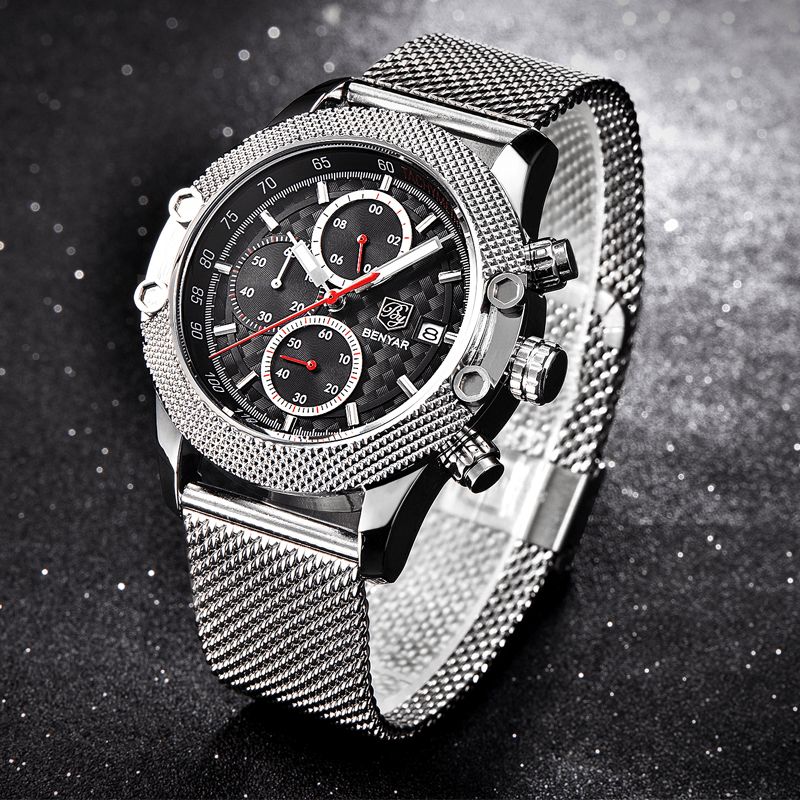 Benyar 5109M Mode Herreur Chronograph 3Atm Vandtæt Rustfrit Stålrem Quartz ur