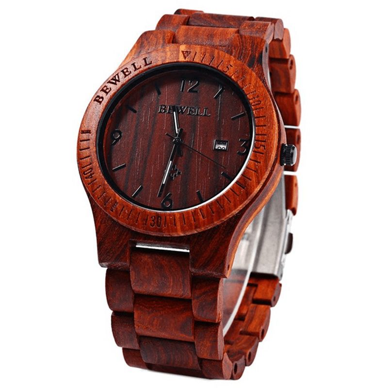 Bewell Zs-W086B Mænd Natural Wooden Auto Calendar Display Mode Quartz Armbåndsur