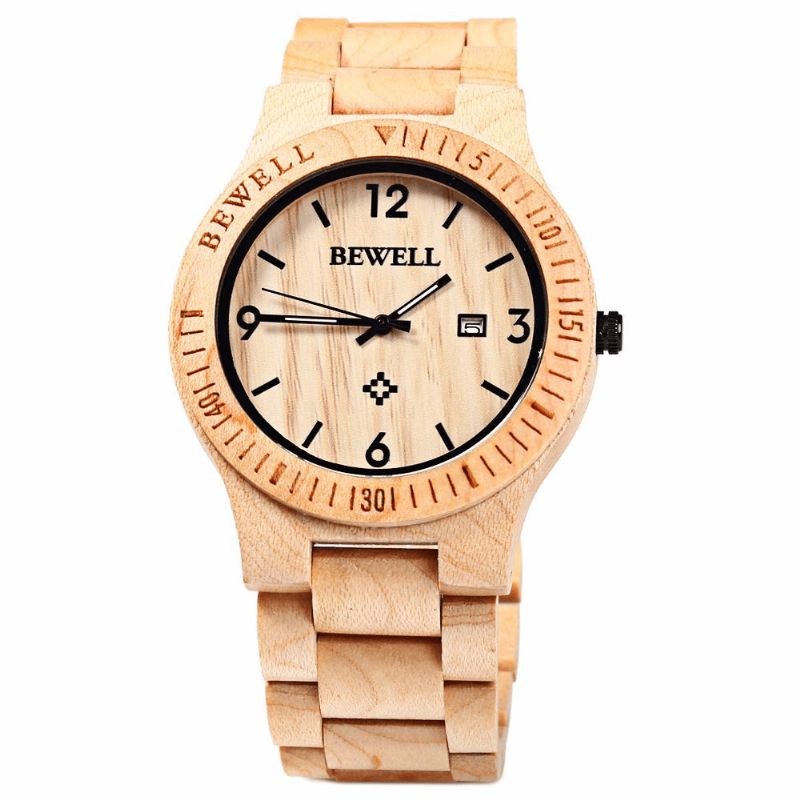 Bewell Zs-W086B Mænd Natural Wooden Auto Calendar Display Mode Quartz Armbåndsur