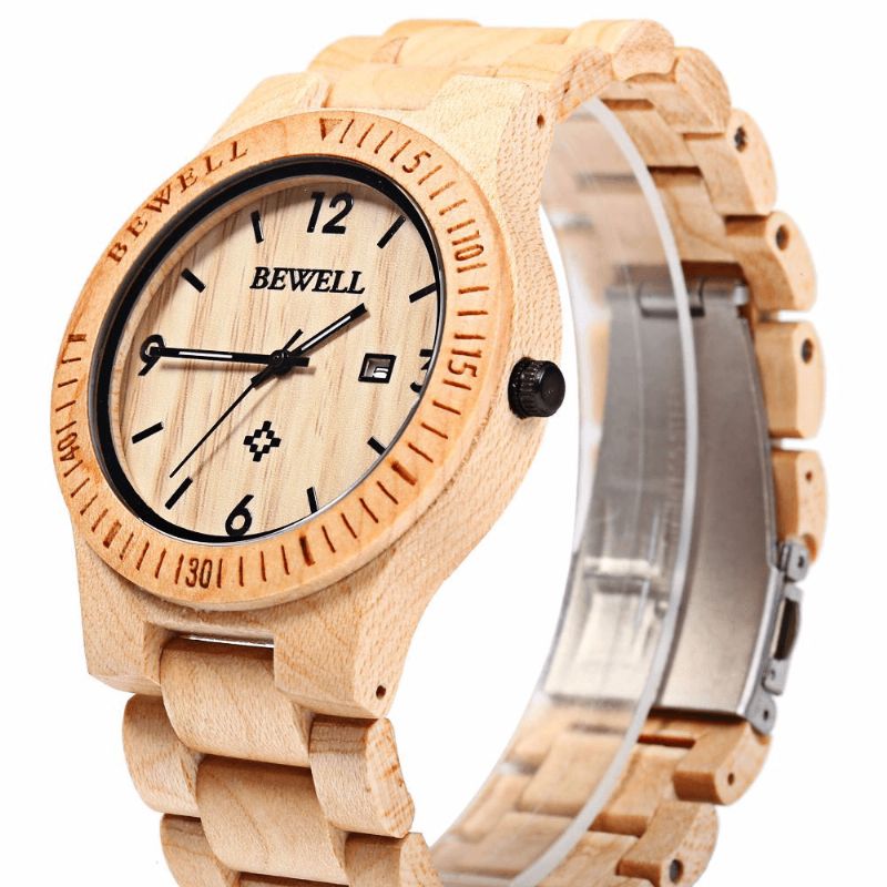 Bewell Zs-W086B Mænd Natural Wooden Auto Calendar Display Mode Quartz Armbåndsur