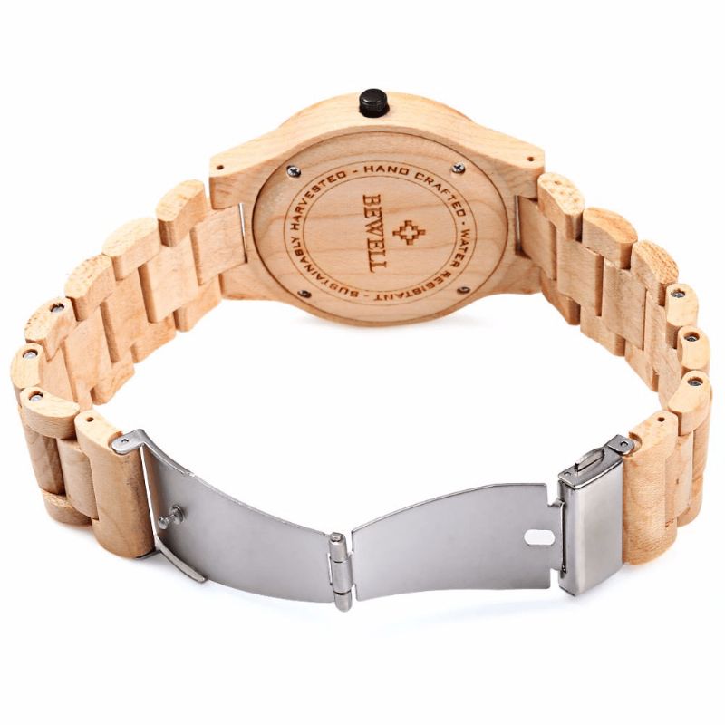 Bewell Zs-W086B Mænd Natural Wooden Auto Calendar Display Mode Quartz Armbåndsur