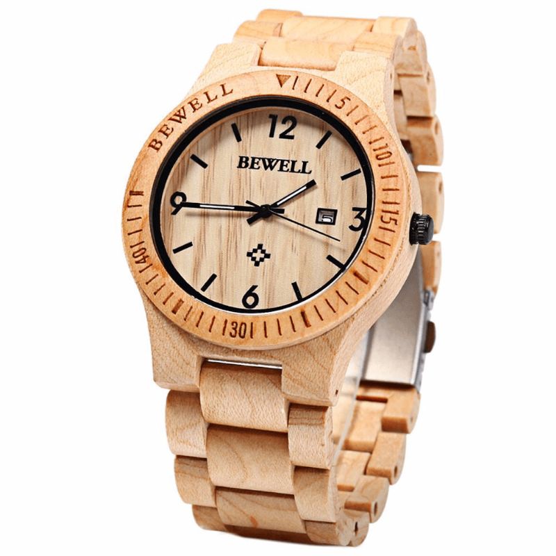 Bewell Zs-W086B Mænd Natural Wooden Auto Calendar Display Mode Quartz Armbåndsur