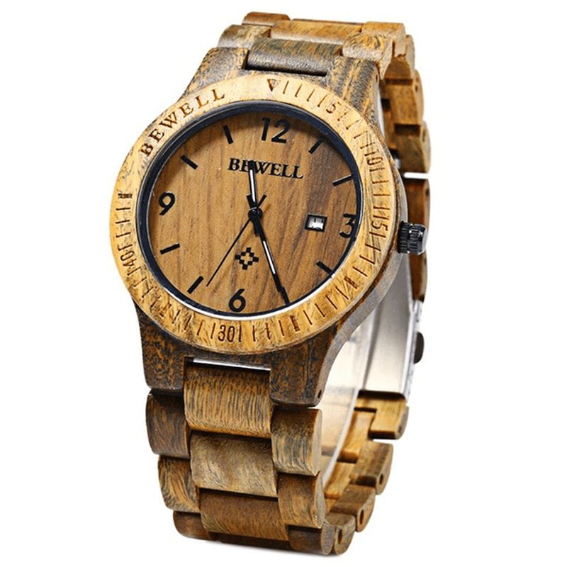 Bewell Zs-W086B Mænd Natural Wooden Auto Calendar Display Mode Quartz Armbåndsur