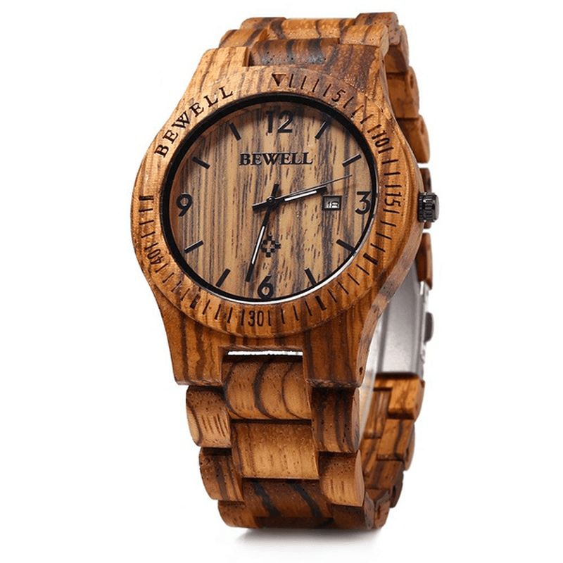 Bewell Zs-W086B Mænd Natural Wooden Auto Calendar Display Mode Quartz Armbåndsur