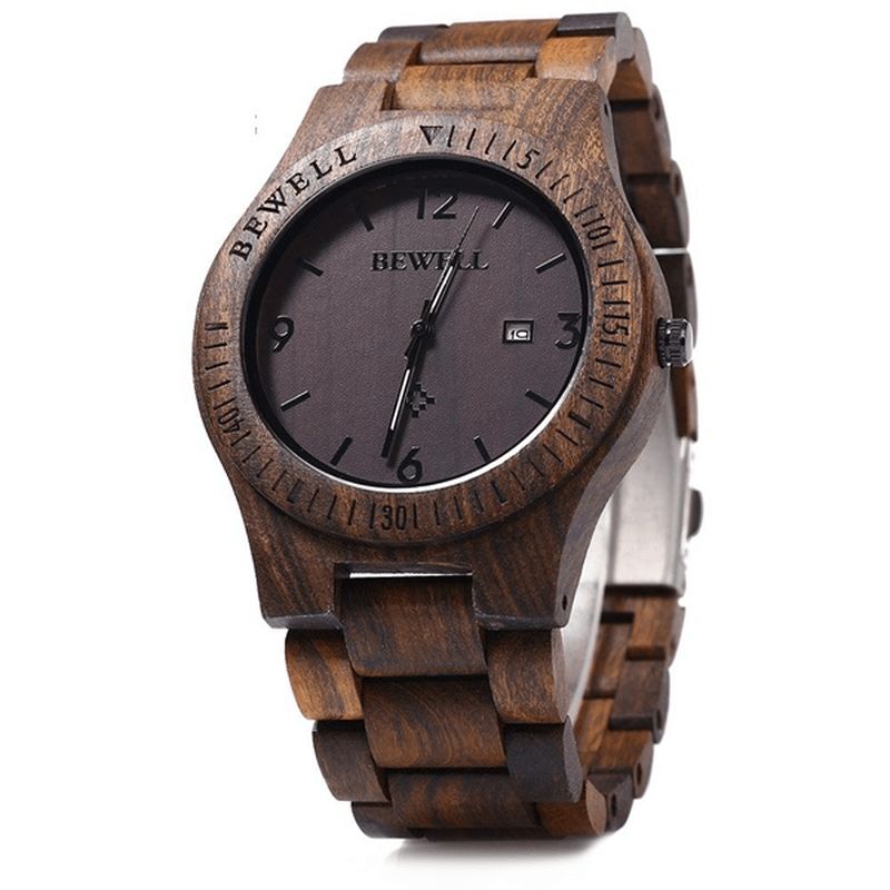 Bewell Zs-W086B Mænd Natural Wooden Auto Calendar Display Mode Quartz Armbåndsur