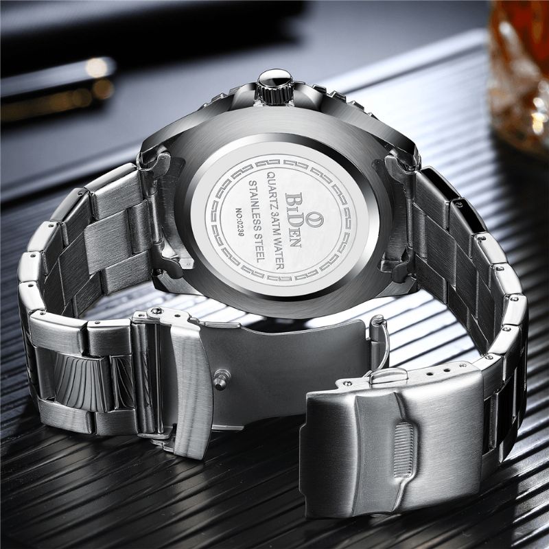 Biden 0239 Business Style Fuldt Stål Quartz ur Calendar Luminous Display Watch