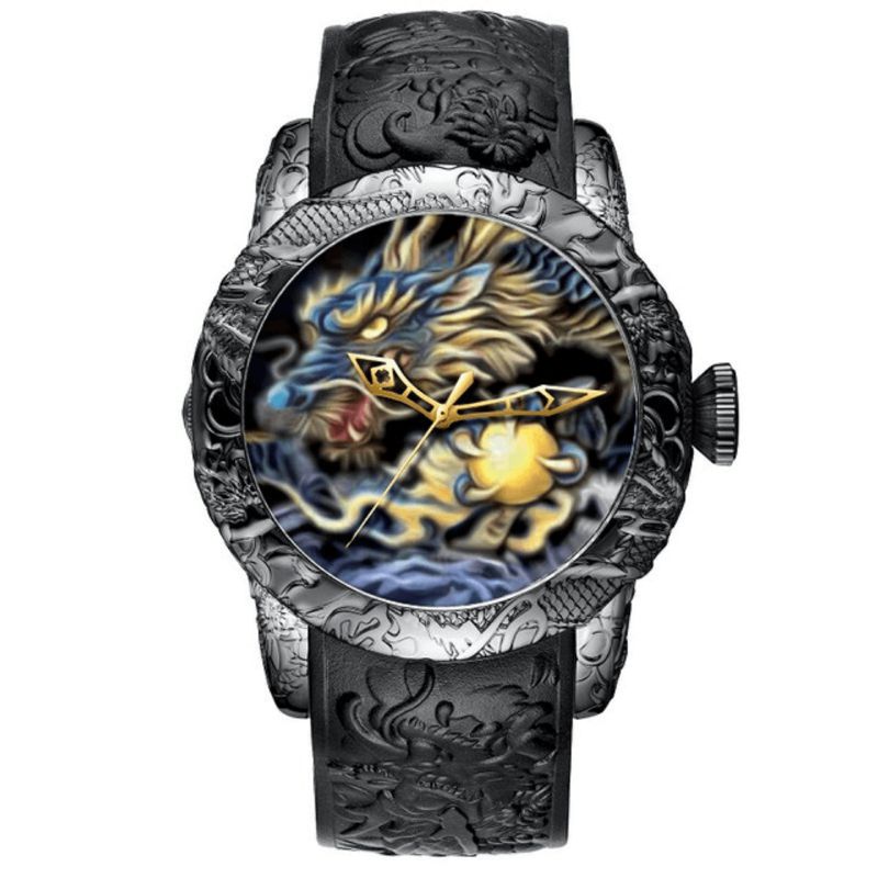 Biden Bd129 Retro Dragon Kinesisk Stil Herrearmbåndsur Vandtæt Silikonebånd Kvartsur