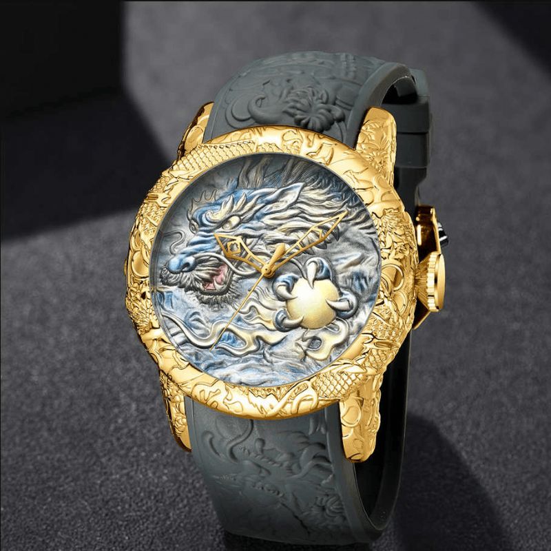 Biden Bd129 Retro Dragon Kinesisk Stil Herrearmbåndsur Vandtæt Silikonebånd Kvartsur