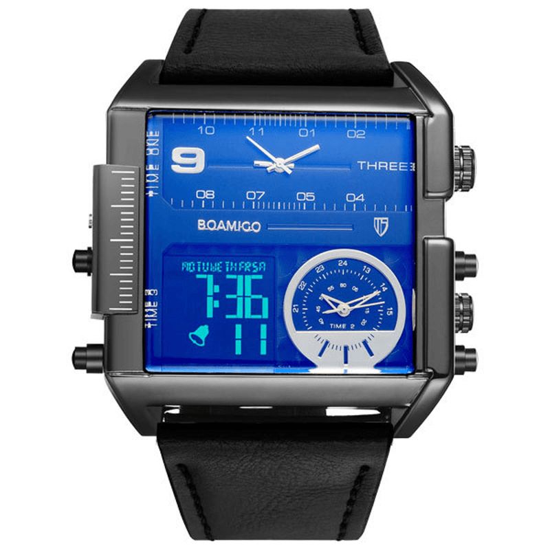 Boamigo F920 Mode Mænd Digital Ur Creative Dial Uge Måned Display Chronograph 3 Tidszone Læderrem Dual Display Ur