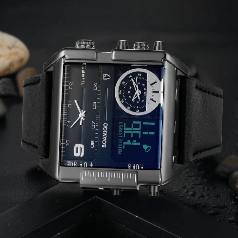 Boamigo F920 Mode Mænd Digital Ur Creative Dial Uge Måned Display Chronograph 3 Tidszone Læderrem Dual Display Ur