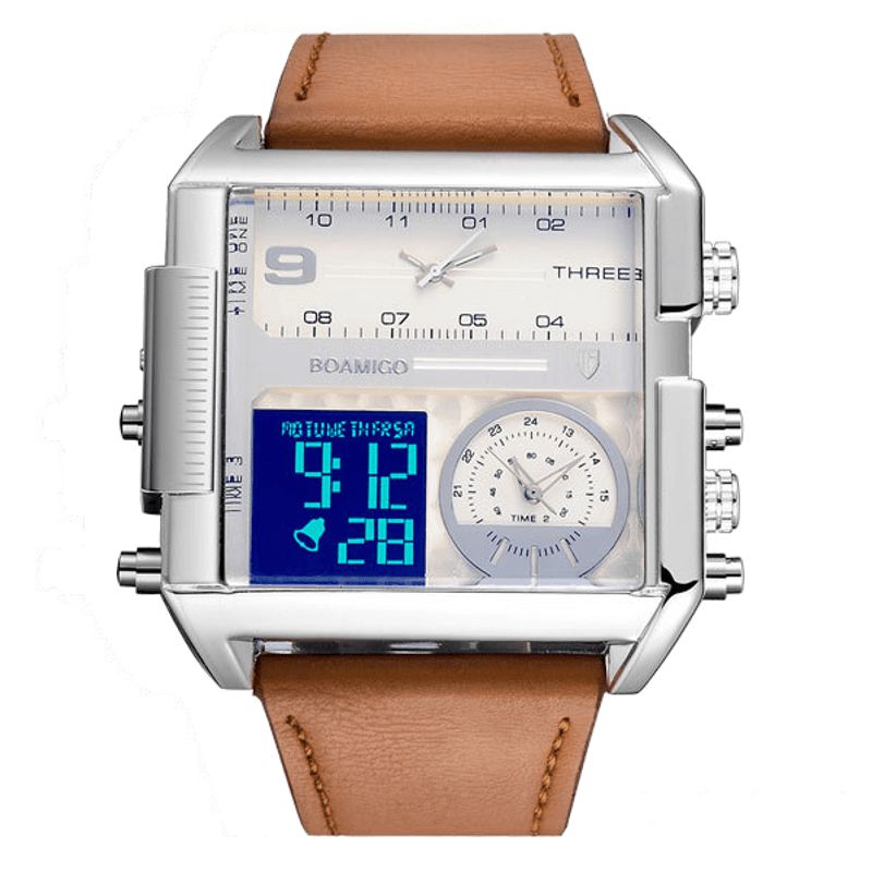 Boamigo F920 Mode Mænd Digital Ur Creative Dial Uge Måned Display Chronograph 3 Tidszone Læderrem Dual Display Ur