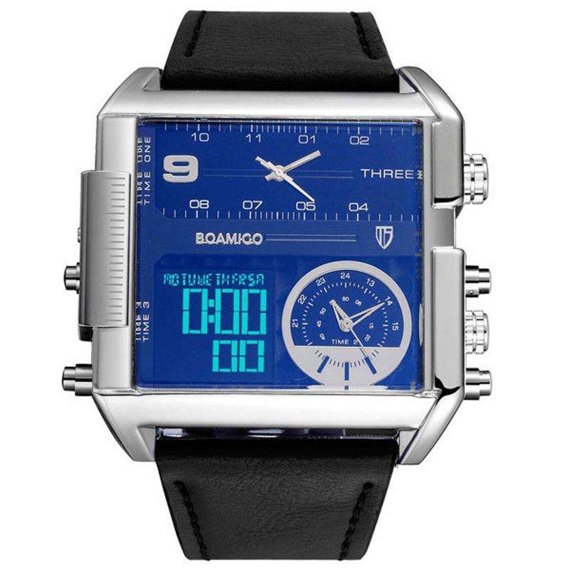 Boamigo F920 Mode Mænd Digital Ur Creative Dial Uge Måned Display Chronograph 3 Tidszone Læderrem Dual Display Ur