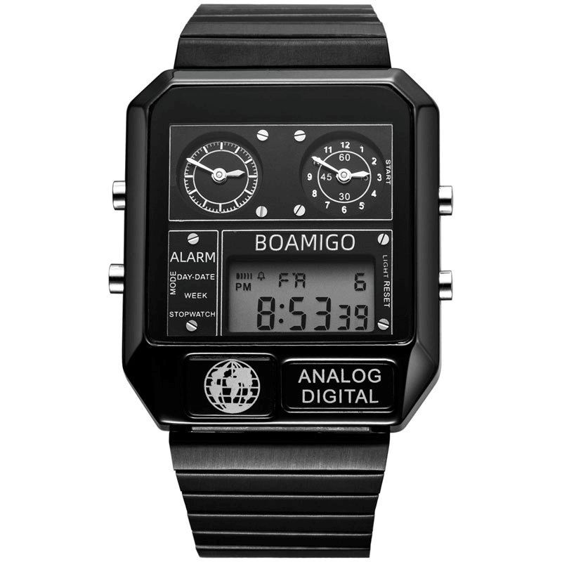 Boamigo F928 Mode Mænd Digital Ur Dato Uge Display Chronograph 3 Tidszone Vandtæt Led Dual Display Ur