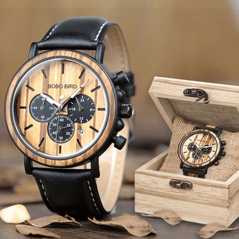 Bobo Bird P09 Mænd Casual Wooden Date Display Armbåndsure Quartz ur With Box