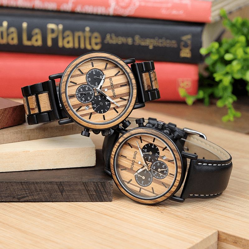 Bobo Bird P09 Mænd Casual Wooden Date Display Armbåndsure Quartz ur With Box