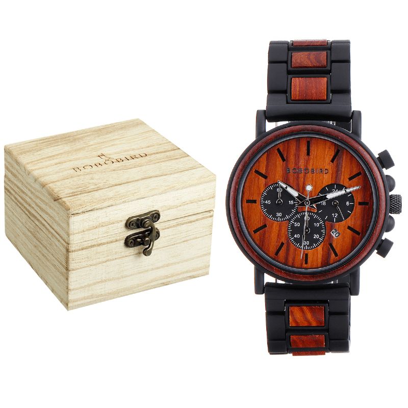 Bobo Bird P09 Mænd Casual Wooden Date Display Armbåndsure Quartz ur With Box