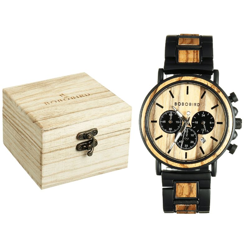 Bobo Bird P09 Mænd Casual Wooden Date Display Armbåndsure Quartz ur With Box