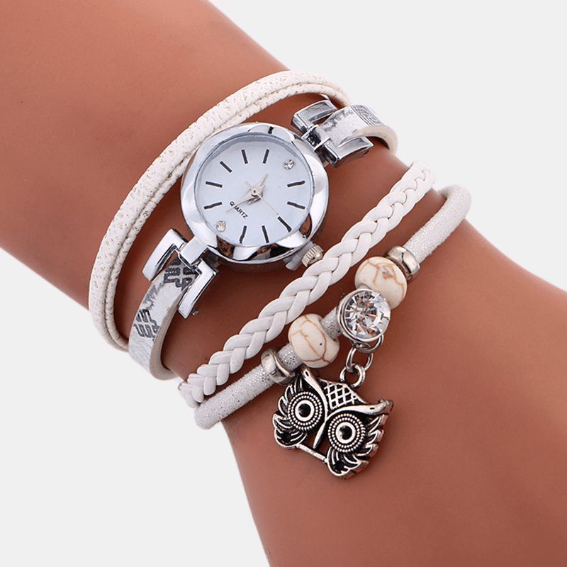 Bohemian Cute Owl Læderarmbåndsur Etnisk Metal Rhinestone Multi-Layer Armbåndsure