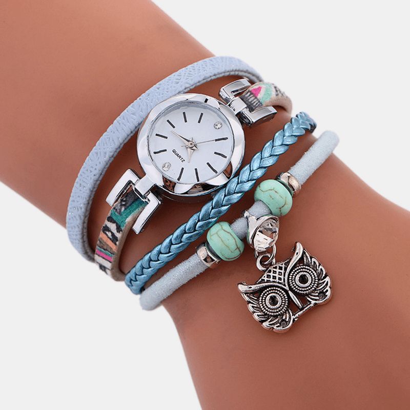 Bohemian Cute Owl Læderarmbåndsur Etnisk Metal Rhinestone Multi-Layer Armbåndsure