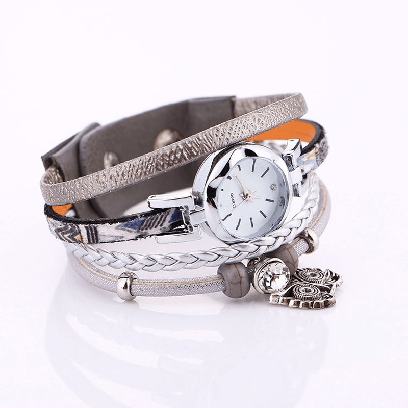 Bohemian Cute Owl Læderarmbåndsur Etnisk Metal Rhinestone Multi-Layer Armbåndsure