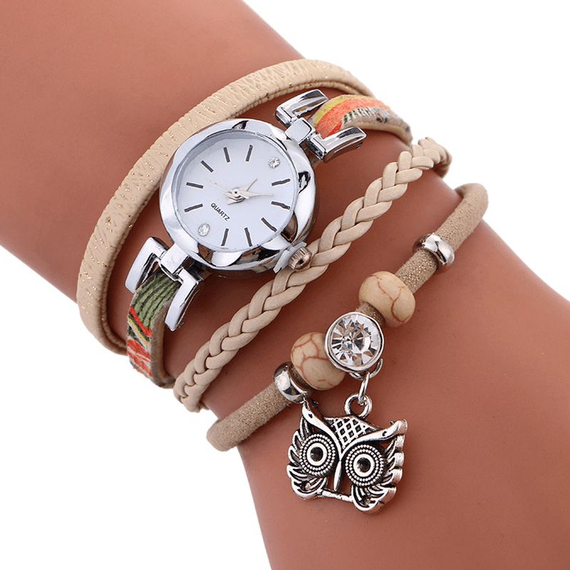 Bohemian Cute Owl Læderarmbåndsur Etnisk Metal Rhinestone Multi-Layer Armbåndsure