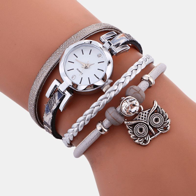 Bohemian Cute Owl Læderarmbåndsur Etnisk Metal Rhinestone Multi-Layer Armbåndsure