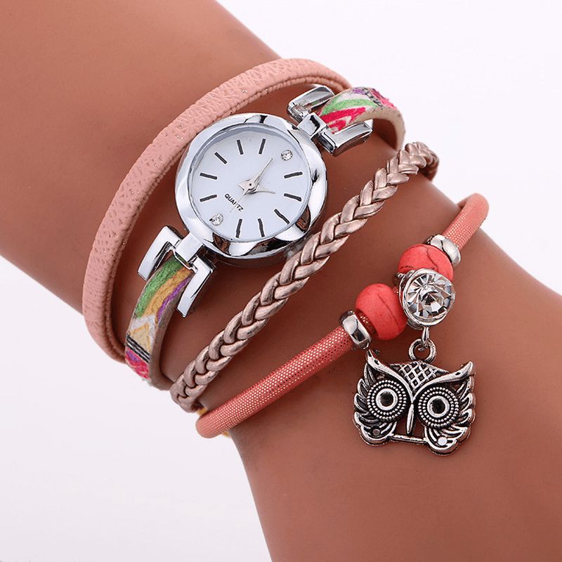 Bohemian Cute Owl Læderarmbåndsur Etnisk Metal Rhinestone Multi-Layer Armbåndsure