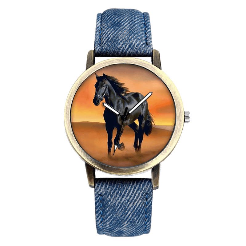 Casual Black Horse Desert Dial All-Match Denim Strap Herre Quartz ur Armbåndsur