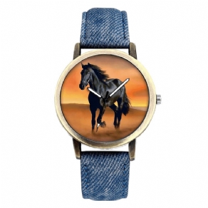 Casual Black Horse Desert Dial All-Match Denim Strap Herre Quartz ur Armbåndsur