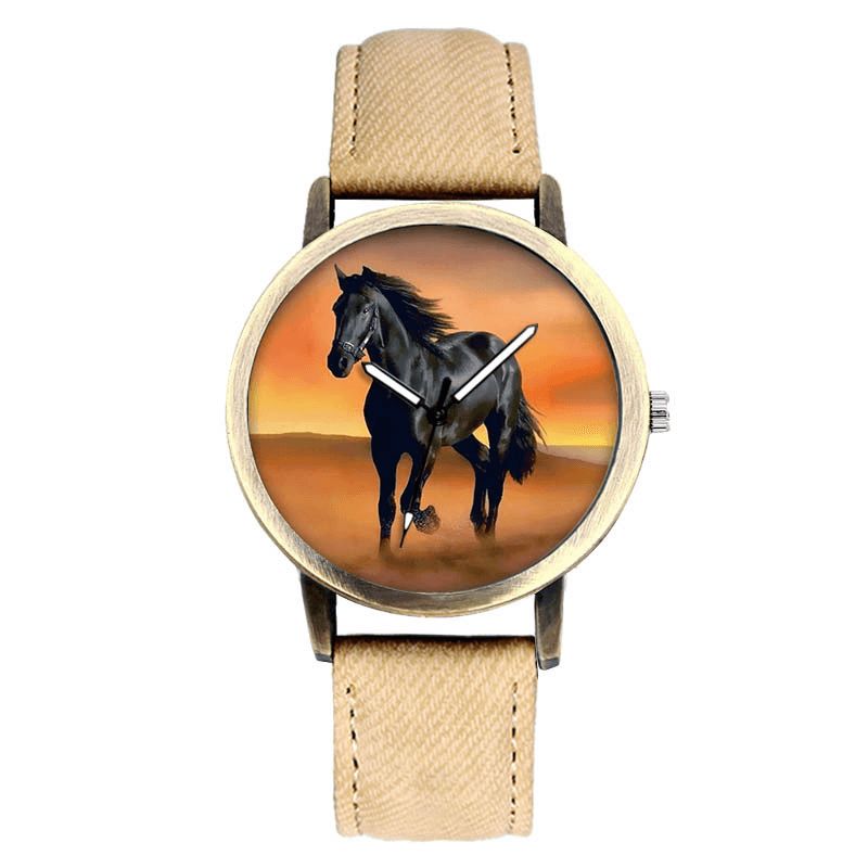 Casual Black Horse Desert Dial All-Match Denim Strap Herre Quartz ur Armbåndsur