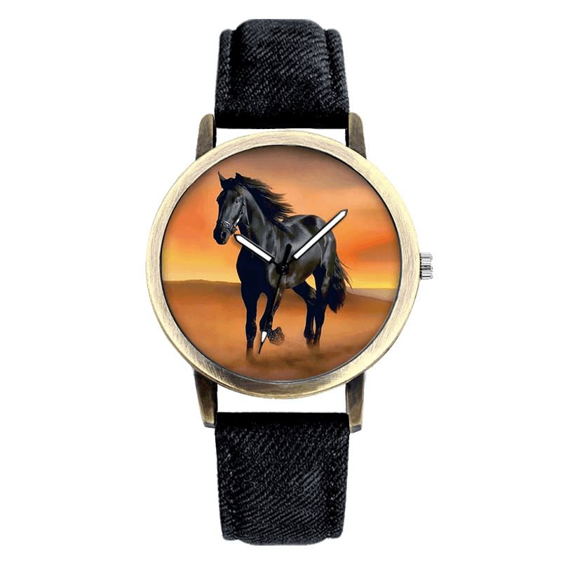 Casual Black Horse Desert Dial All-Match Denim Strap Herre Quartz ur Armbåndsur