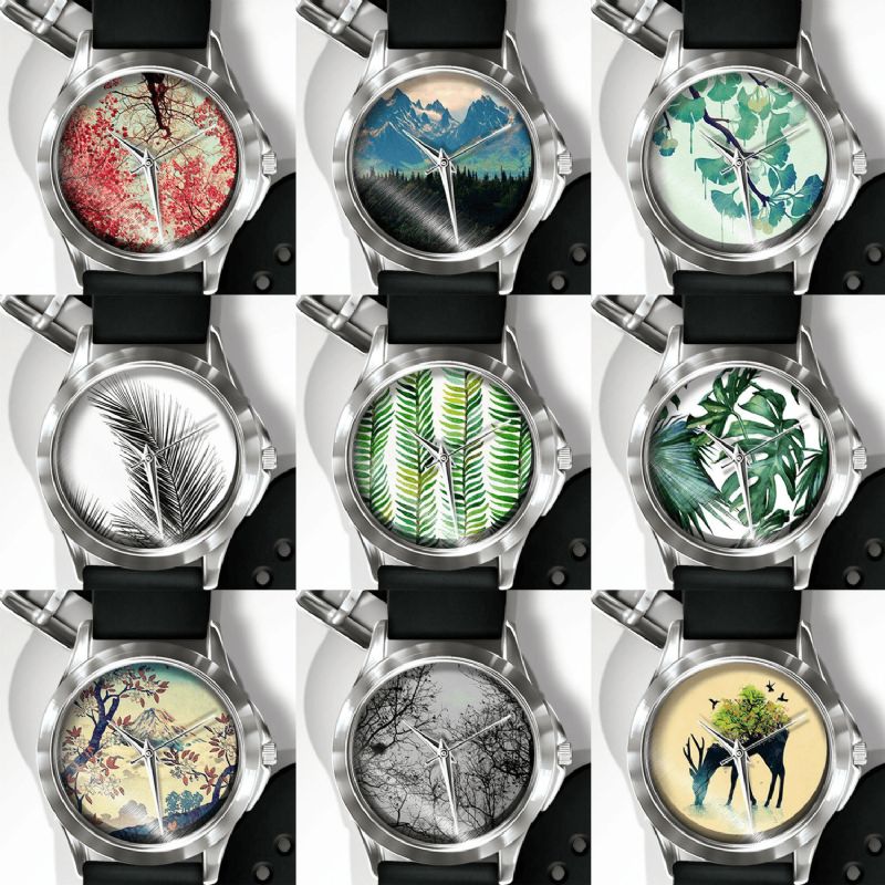 Casual Landskabstrykt Mænd Watch Skov Blade Blomster Mønster Kvinder Quartz ur