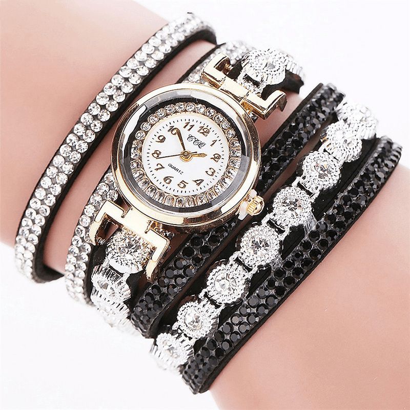 CCq Mode Luksus Rhinestone Pu Læder Band Kvinder Quartz Armbånd Ur