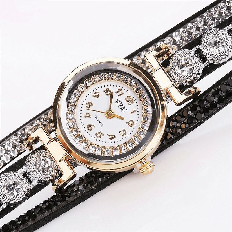 CCq Mode Luksus Rhinestone Pu Læder Band Kvinder Quartz Armbånd Ur