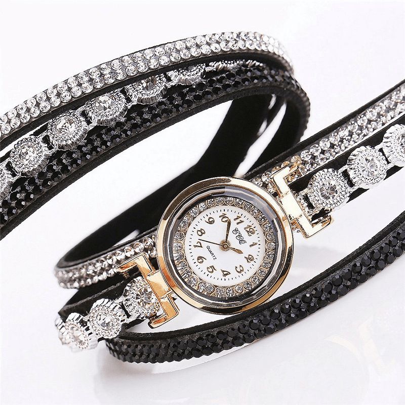 CCq Mode Luksus Rhinestone Pu Læder Band Kvinder Quartz Armbånd Ur