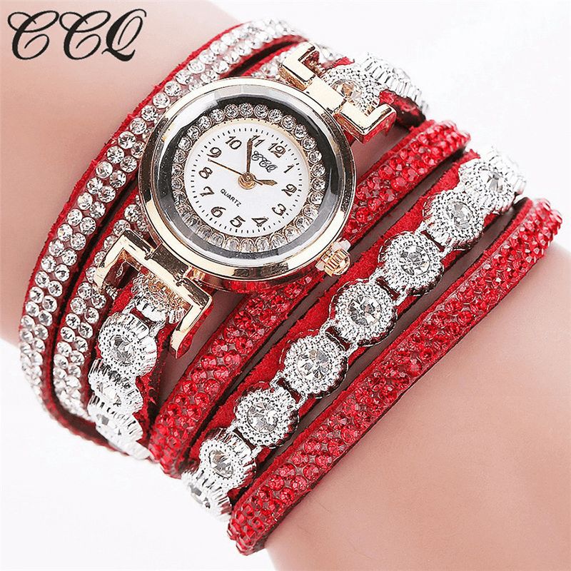 CCq Mode Luksus Rhinestone Pu Læder Band Kvinder Quartz Armbånd Ur