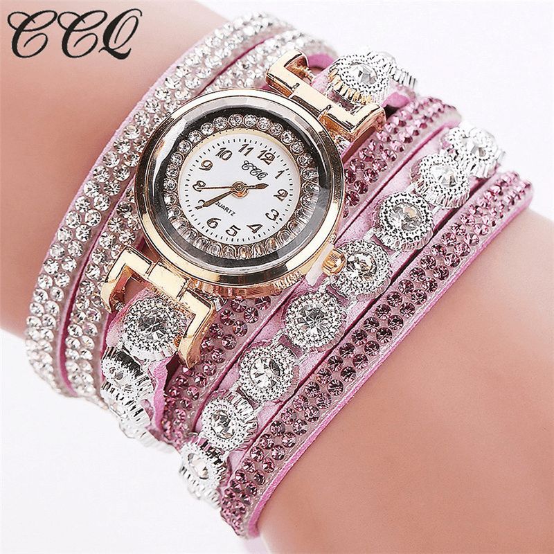 CCq Mode Luksus Rhinestone Pu Læder Band Kvinder Quartz Armbånd Ur