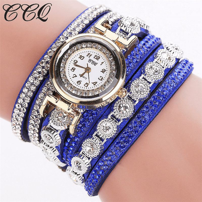 CCq Mode Luksus Rhinestone Pu Læder Band Kvinder Quartz Armbånd Ur