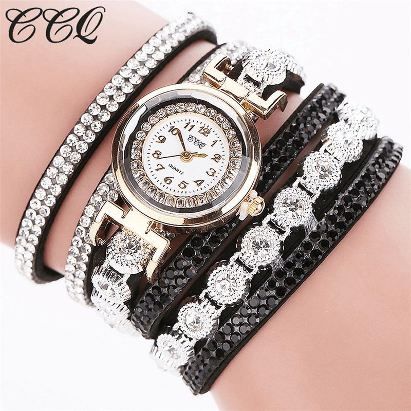 CCq Mode Luksus Rhinestone Pu Læder Band Kvinder Quartz Armbånd Ur