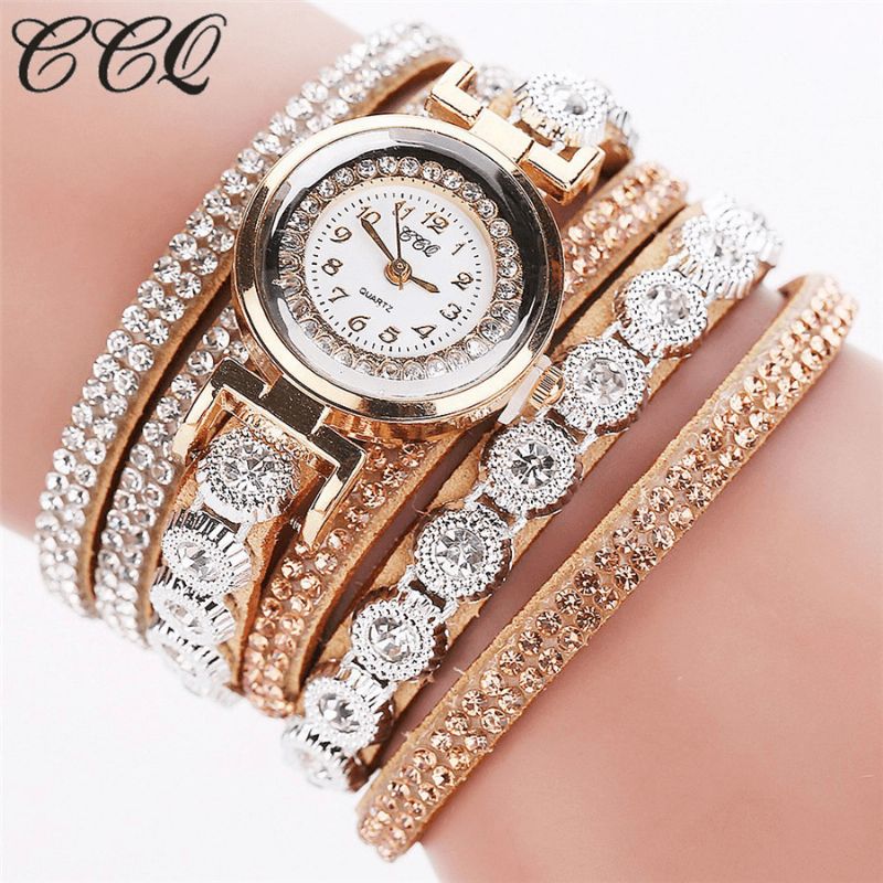 CCq Mode Luksus Rhinestone Pu Læder Band Kvinder Quartz Armbånd Ur