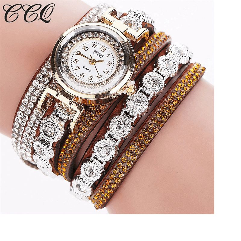 CCq Mode Luksus Rhinestone Pu Læder Band Kvinder Quartz Armbånd Ur