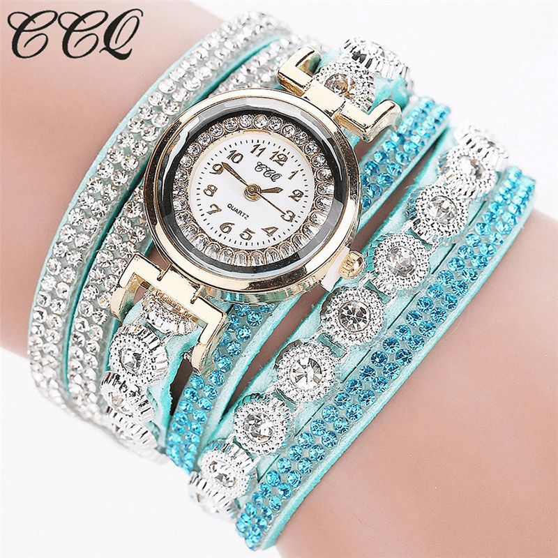 CCq Mode Luksus Rhinestone Pu Læder Band Kvinder Quartz Armbånd Ur