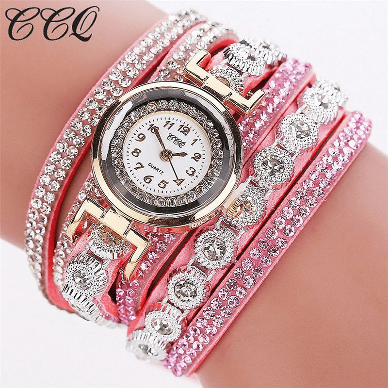 CCq Mode Luksus Rhinestone Pu Læder Band Kvinder Quartz Armbånd Ur