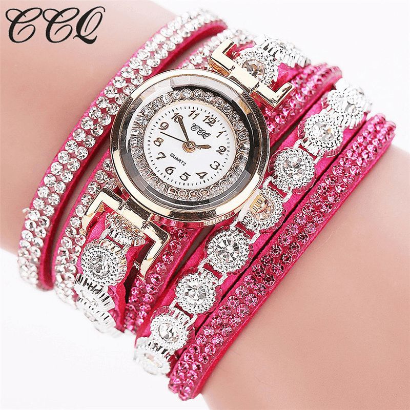 CCq Mode Luksus Rhinestone Pu Læder Band Kvinder Quartz Armbånd Ur